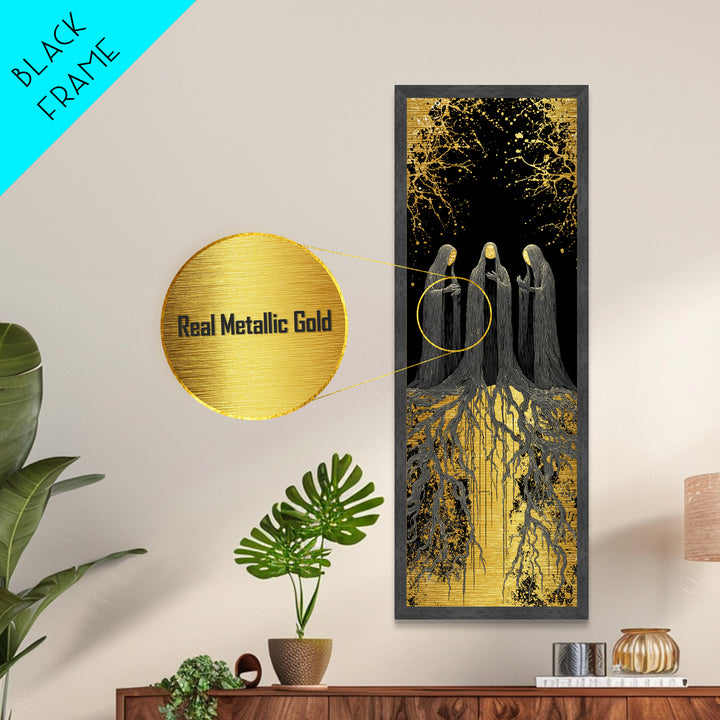 The Norns Metallic Gold Art, Viking Metal Art of Norse Fates, Nordic Mythology Wall Hanging, Spiritual Office Art with Real Wood Frame