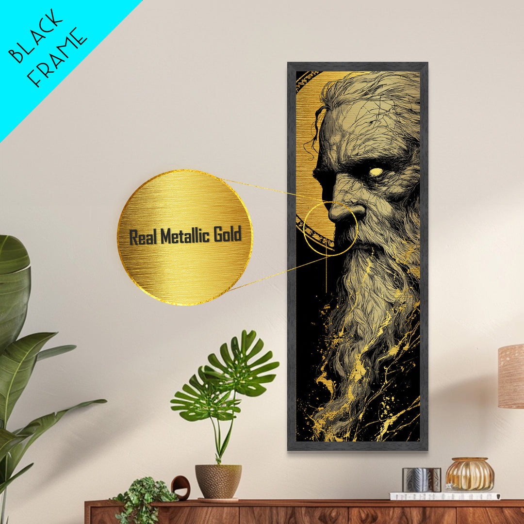 Odin Metallic Gold Art, Viking Metal Art Norse Allfather Portrait, Nordic Mythology Wall Decor for Man Cave or Office in Wood Frame