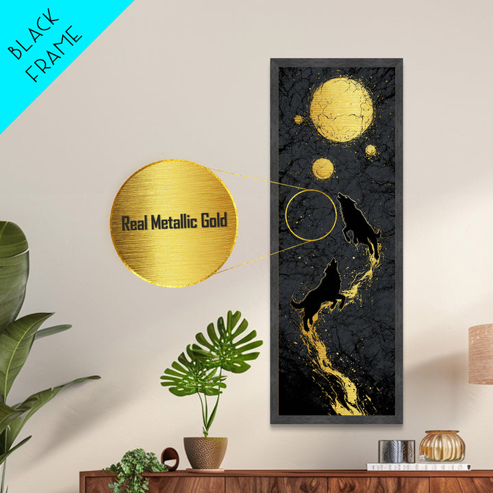 Sköll and Hati Wolves Metallic Gold Art, Viking Metal Art Norse Mythology Wall Decor, Nordic Moon Wolves Office or Man Cave in Wood Frame