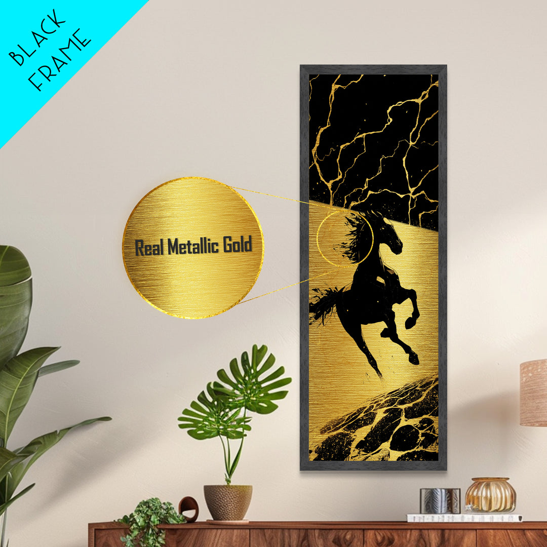 Sleipnir Odin’s Horse Metallic Gold Art, Viking Metal Art Norse Mythology Decor, Nordic Warrior Office Wall Art Framed in Real Wood