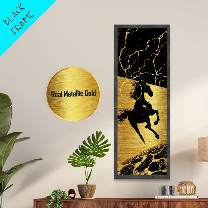 Sleipnir Odin’s Horse Metallic Gold Art, Viking Metal Art Norse Mythology Decor, Nordic Warrior Office Wall Art Framed in Real Wood