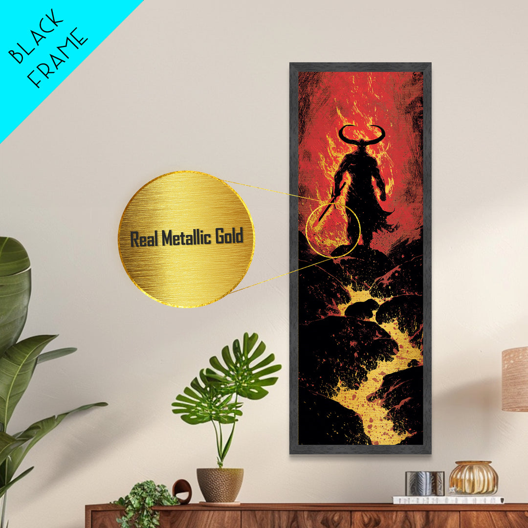 Surtur Norse Fire Giant Metallic Gold Art, Viking Metal Art Nordic Mythology Warrior Decor, Office or Dad Gift Framed in Natural Wood