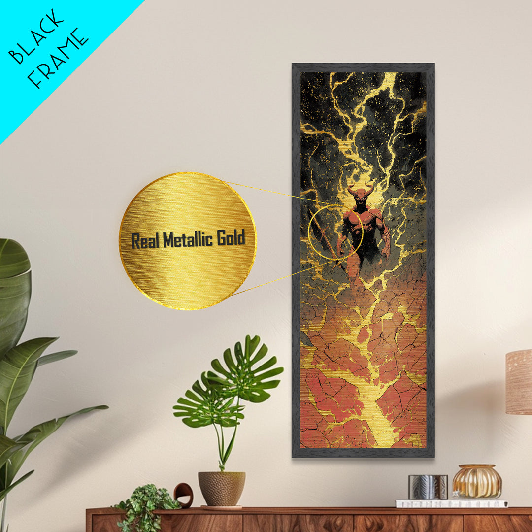 Surtur Metallic Gold Art, Viking Metal Art Norse Fire Giant Mythology Decor, Bold Man Cave or Office Wall Hanging in Real Wood Frame