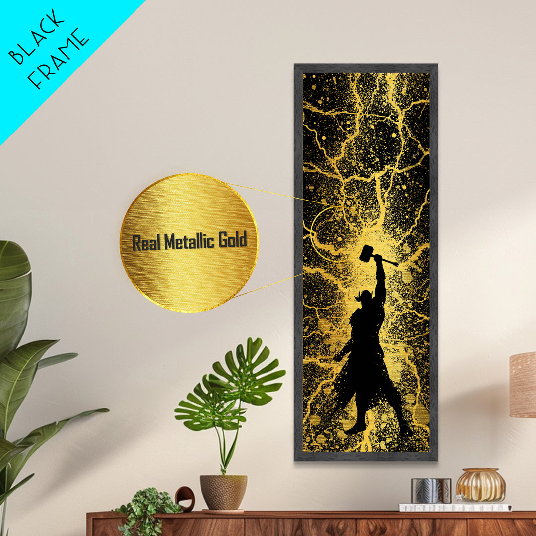 Thor Metallic Gold Art, Viking Metal Art Norse God of Thunder Wall Decor, Nordic Mythology Office or Man Cave Art in Real Wood Frame