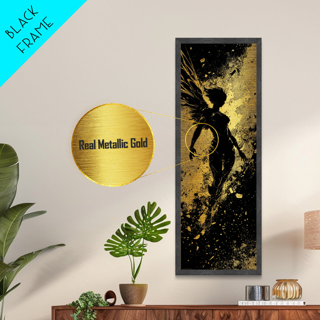 Valkyrie Metallic Gold Art Nordic Mythology Wall Decor, Metal Art for Man Cave or Office, framed in natural wood for bold style