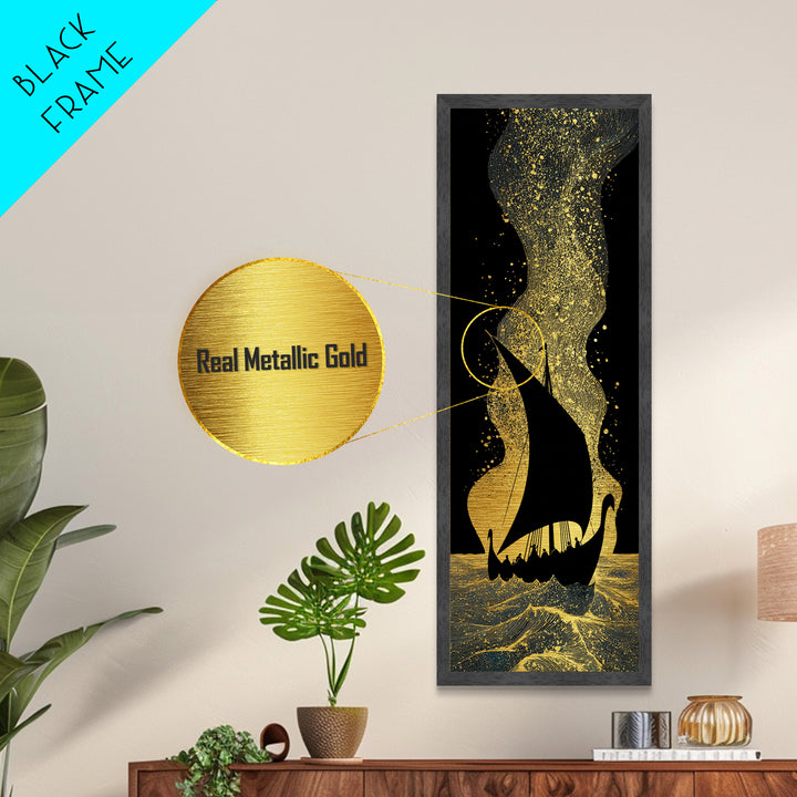 Nordic Viking Ship Metallic Gold Art, Mythology Inspired Metal Art for Office or Man Cave, framed in authentic wood craftsmanship