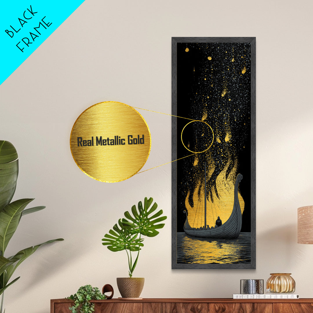 Viking Funeral Ship Metallic Gold Art, Norse Mythology Metal Art framed with real wood, Nordic man cave wall art gift idea