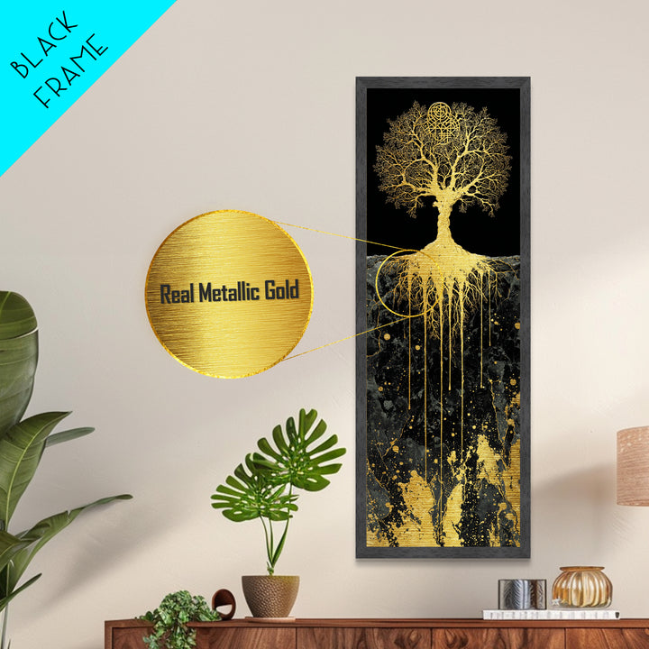 Metal Art Yggdrasil Nordic Tree of Life, Metallic Gold Art framed with real wood, Norse Mythology inspired office or dad gift wall art