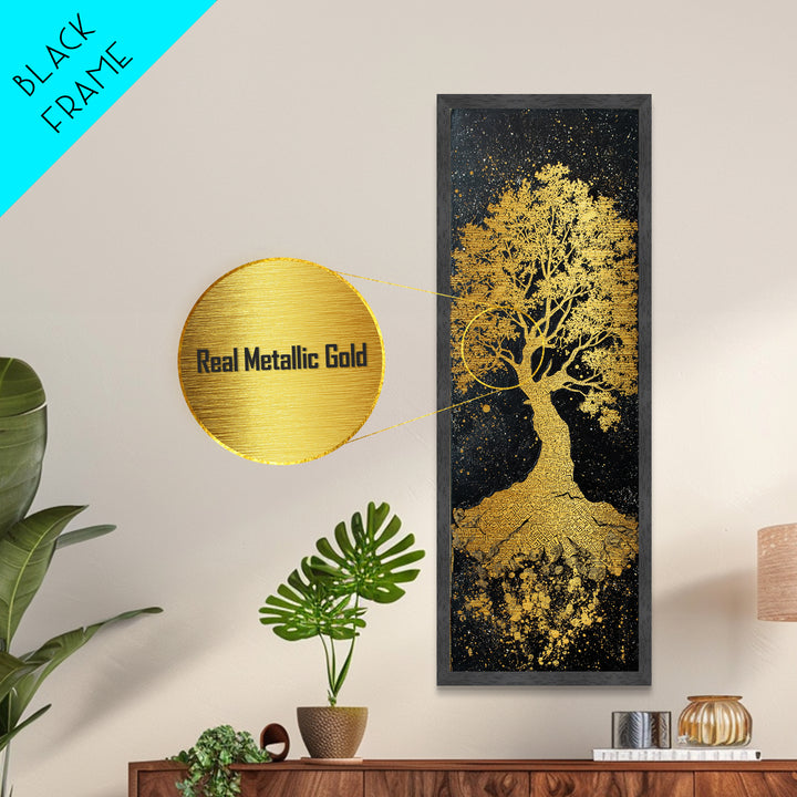 Yggdrasil Metallic Gold Art Norse World Tree, Nordic Mythology Metal Art framed in natural wood, perfect Viking man cave wall decor