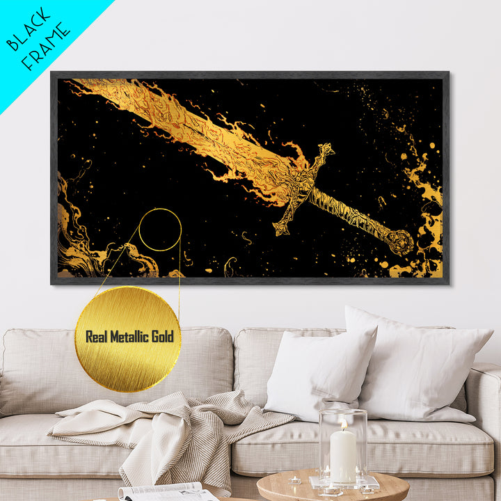 Surtur’s Flaming Sword Metallic Gold Art Metal Art Viking Wall Decor, Norse Mythology Office Gift with Real Wood Frame