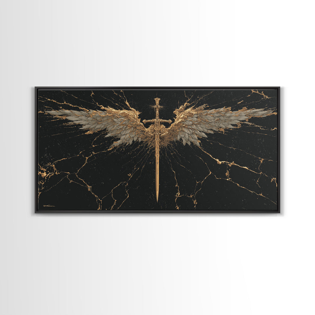 Winged Sword Canvas Gold Art Canvas Art Norse Mythology Wall Art Framed in Real Wood, Viking Office Decor or Dad Gift