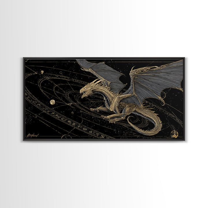 Cosmic Norse Dragon Canvas Gold Art Canvas Art Wall Decor, Nordic Mythology Gift for Office or Man Cave, Natural Wood Frame