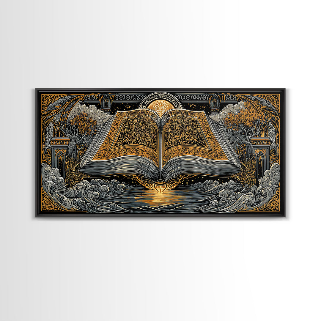 Poetic Edda Book Canvas Gold Art Canvas Art Norse Mythology Wall Decor with Real Wood Frame, Viking Office or Dad Gift Artwork
