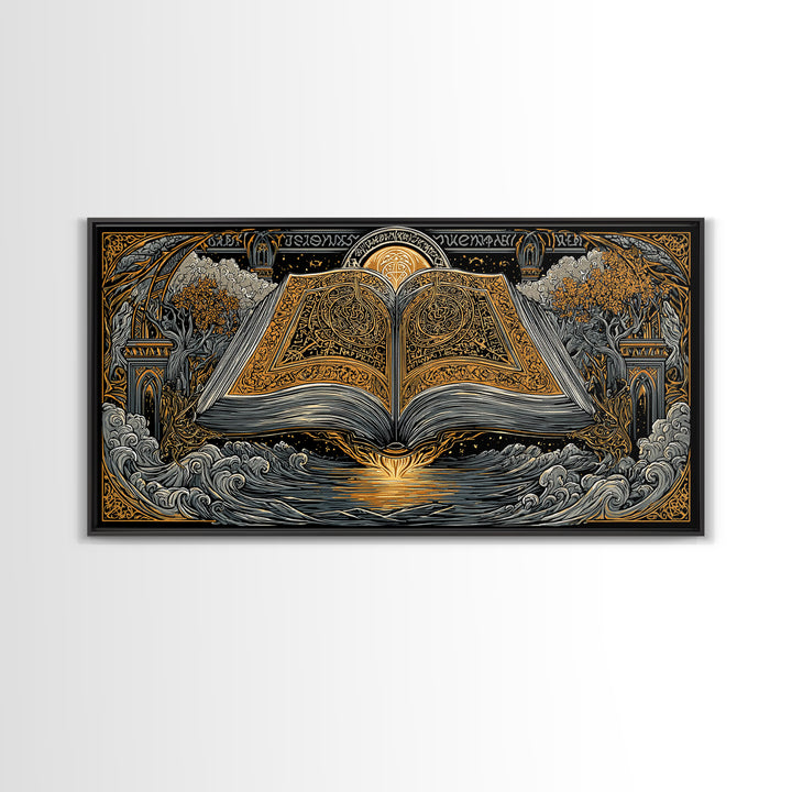 Poetic Edda Book Canvas Gold Art Canvas Art Norse Mythology Wall Decor with Real Wood Frame, Viking Office or Dad Gift Artwork
