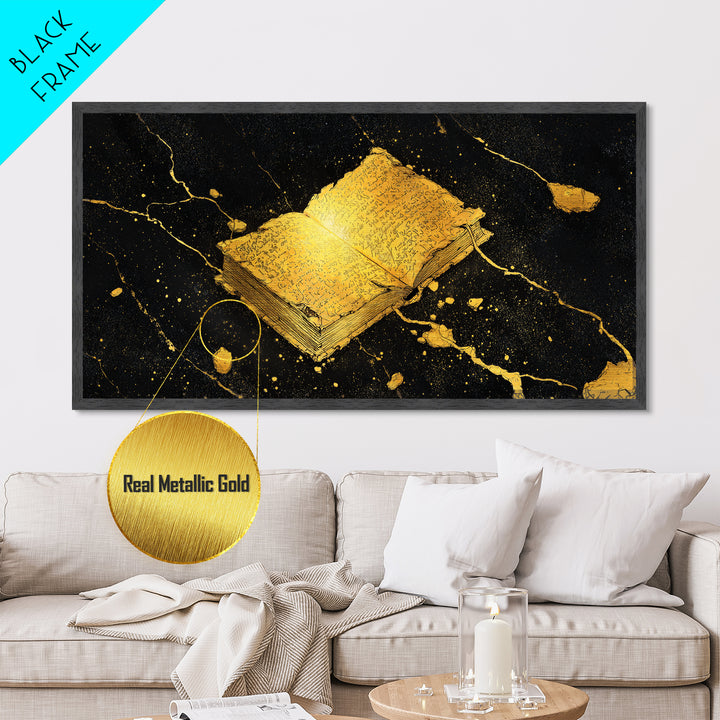 Ancient Nordic Runes Book Metallic Gold Art Metal Art with Cosmic Background, Viking Mythology Wall Decor, Real Wood Frame