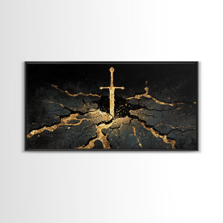 Sword of Ragnarok Canvas Gold Art, Nordic Mythology Canvas Art Wall Decor, Viking Office Art framed in natural wood for men’s spaces