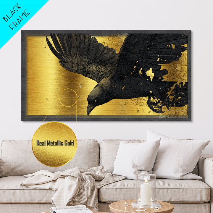 Odin’s Raven Huginn Metallic Gold Art Metal Art Norse Mythology Wall Decor with Natural Wood Frame, Man Cave or Office Gift