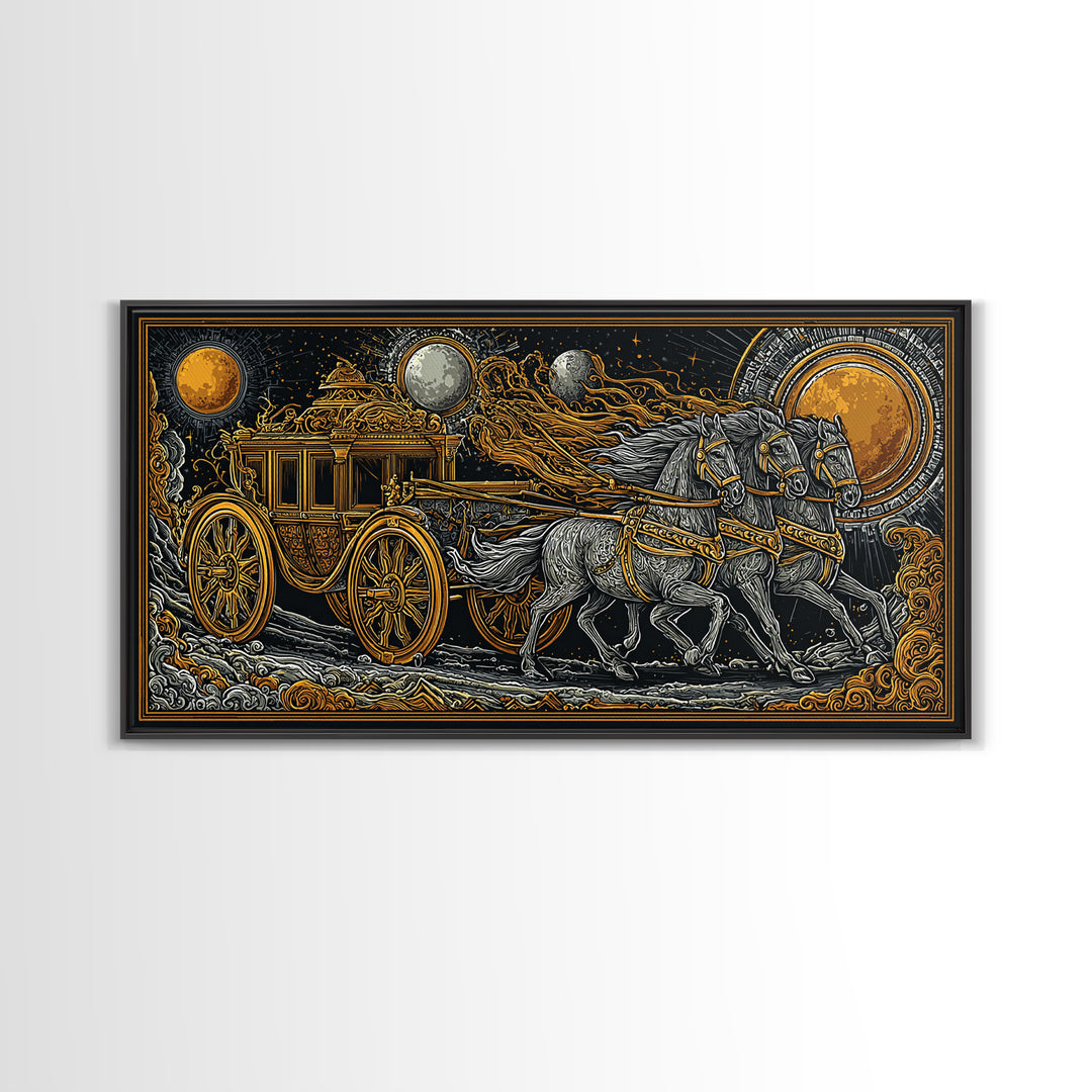 Chariot of Sol Norse Canvas Gold Art, Nordic Mythology Canvas Art Wall Hanging, Viking Decor for Office or Dad Gift, framed in wood