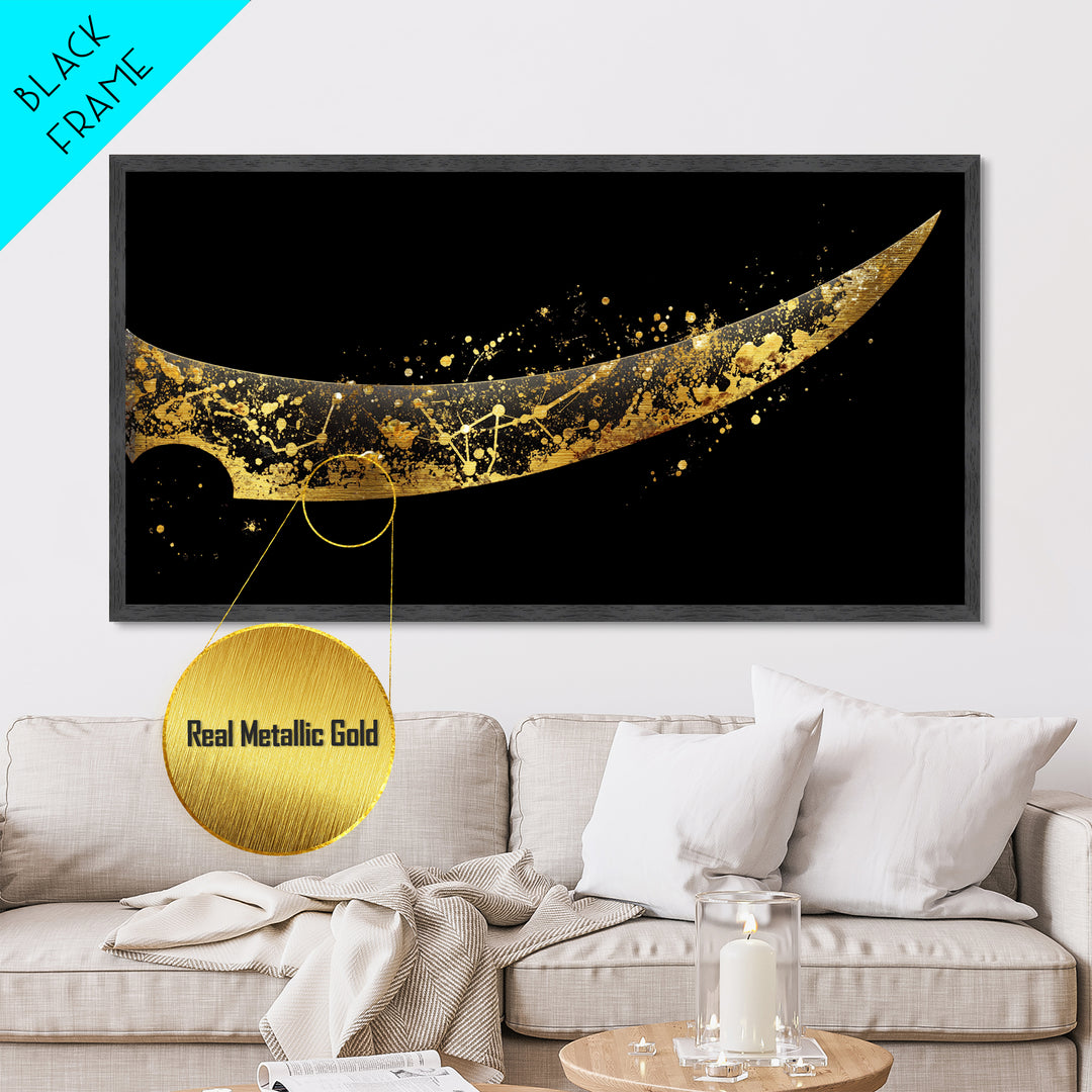 Curved Viking Blade Metallic Gold Art, Nordic Mythology Metal Art Sword Print, Man Cave Wall Decor with real wood frame, warrior gift