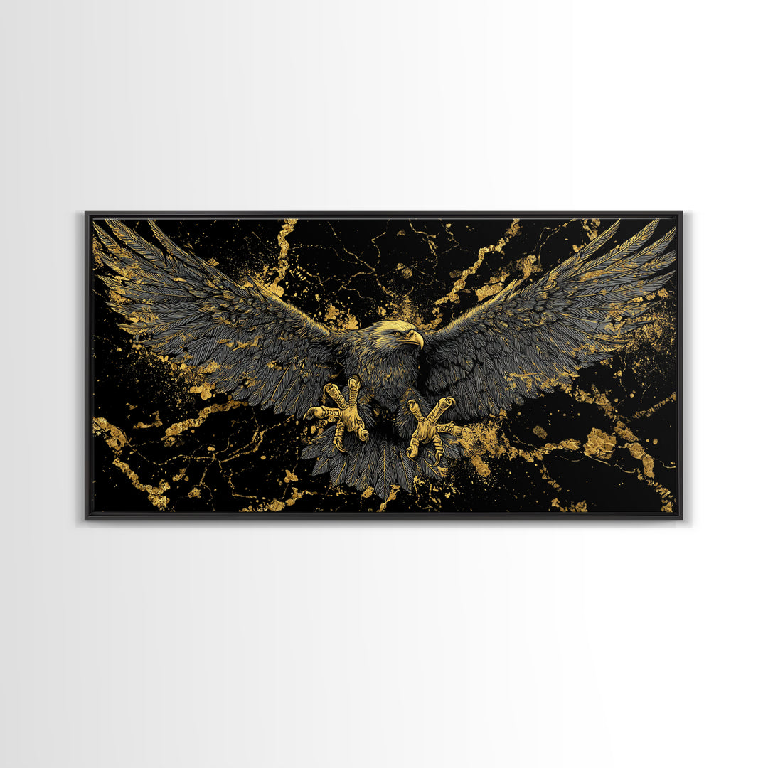 Odin’s Golden Eagle Canvas Gold Art, Norse Mythology Canvas Art Wall Decor, Viking Office Art framed in wood, bold masculine design