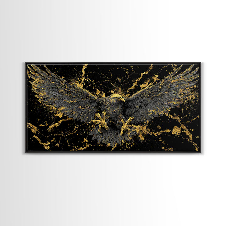 Odin’s Golden Eagle Canvas Gold Art, Norse Mythology Canvas Art Wall Decor, Viking Office Art framed in wood, bold masculine design