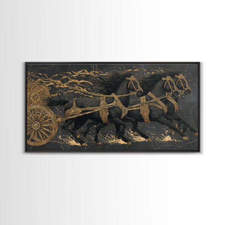 Viking War Chariot Canvas Gold Art, Nordic Mythology Canvas Art Print, Norse Decor for Office or Man Cave, framed with natural wood