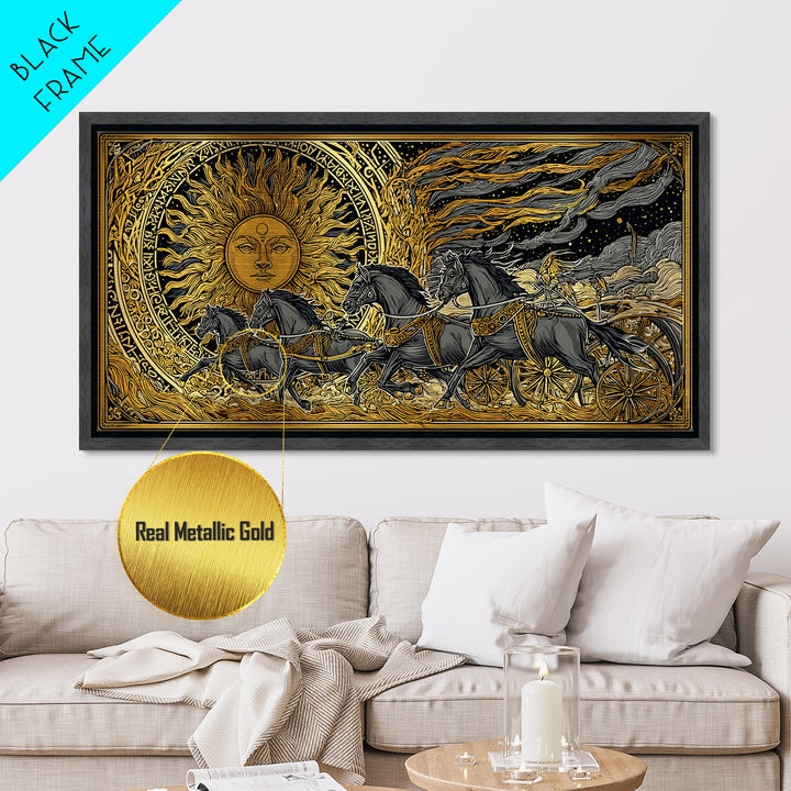 Sun Chariot of Sol Metallic Gold Art, Norse Mythology Metal Art Wall Hanging, Viking Decor for Dad Gift, framed in authentic wood