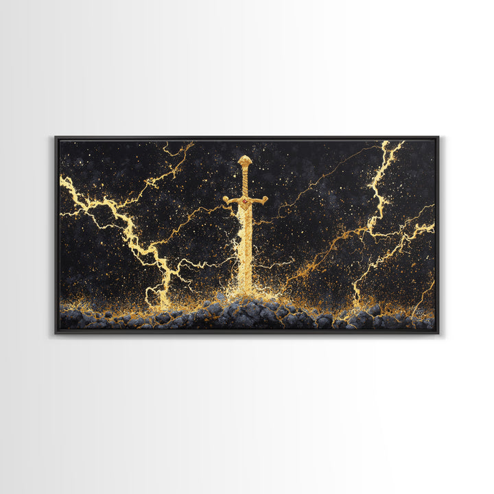 Excalibur Sword Canvas Gold Art, Norse Inspired Canvas Art Wall Decor, Mythology Office Art with wood frame, gift for men’s man cave