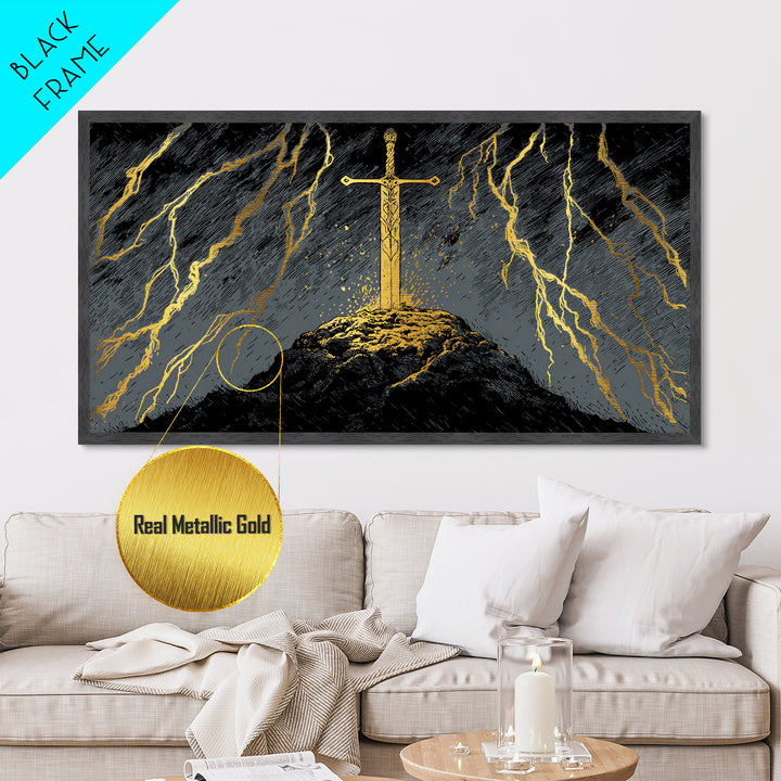 Storm Sword Metallic Gold Art, Nordic Mythology Metal Art Print, Viking Office Wall Art framed in real wood, masculine gift idea
