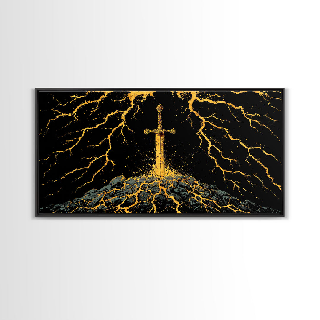 Lightning Sword Canvas Gold Art, Norse Mythology Canvas Art Wall Decor, Viking Warrior Office Art with natural wood frame, dad gift