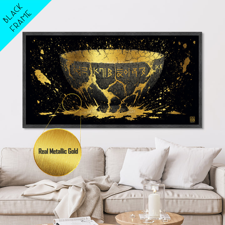 Viking Rune Bowl Metallic Gold Art, Nordic Mythology Metal Art with Real Wood Frame, Unique Office Wall Decor, Man Cave Gift