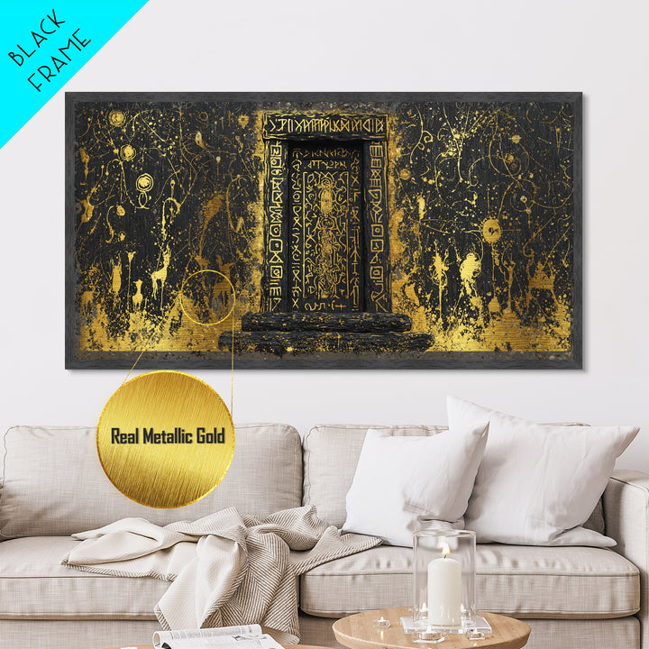 Runestone Doorway Metallic Gold Art, Nordic Mythology Inspired Metal Art, Pagan Viking Office Decor Framed in Real Wood