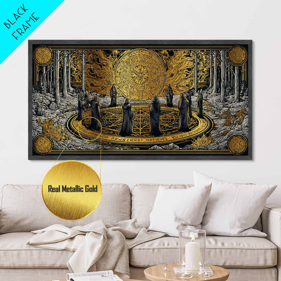 Nordic Ritual Circle Metallic Gold Art, Mythology Inspired Metal Art, Mystical Office Wall Decor with Real Wood Framing