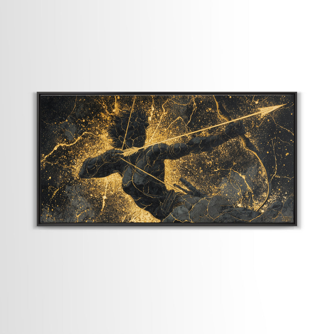 Archer Warrior Canvas Gold Art, Nordic Mythology Canvas Art for Office Wall, Unique Man Cave Decor, Real Wood Frame Gift