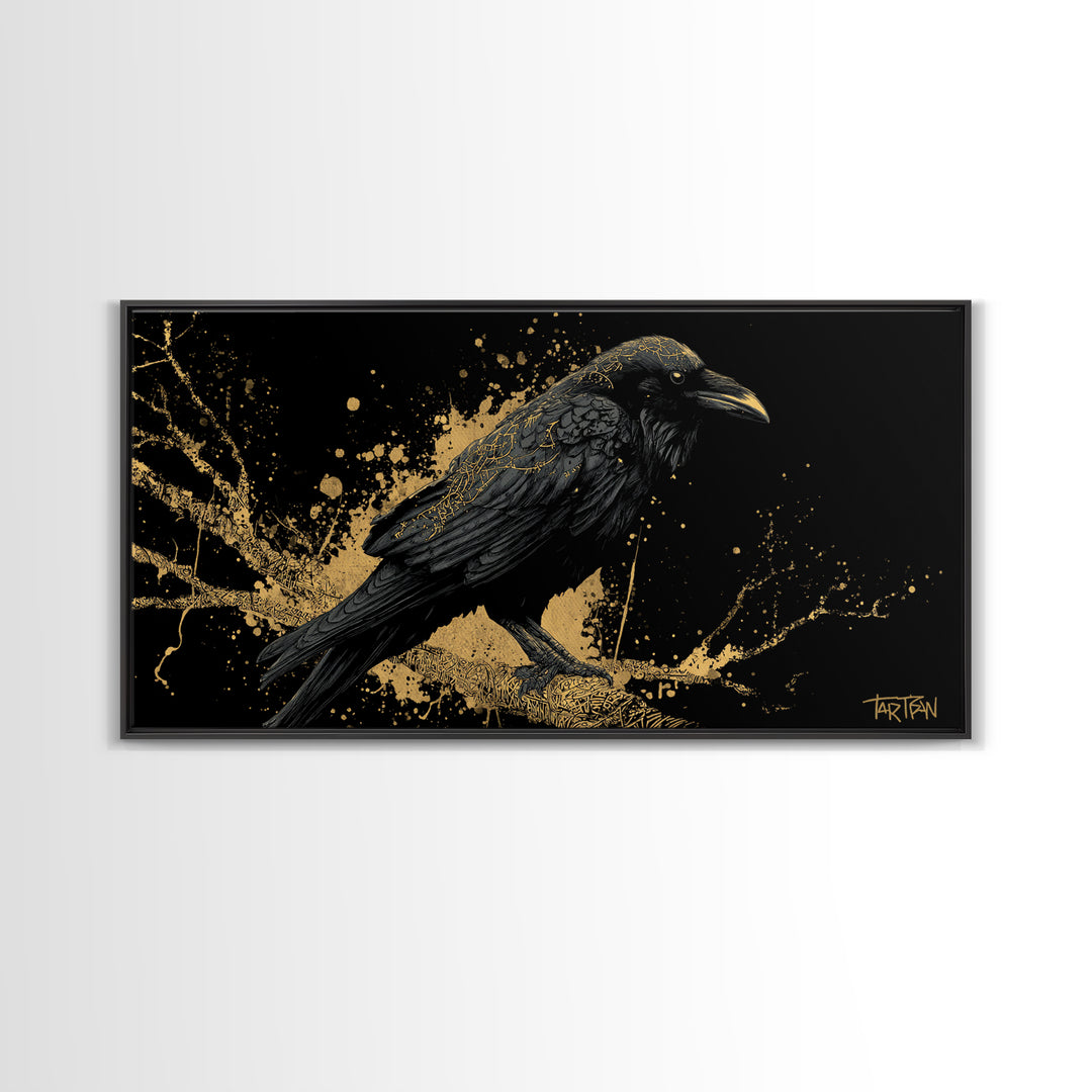 Viking Raven Canvas Gold Art Canvas Art Norse Wall Decor with Real Wood Frame, Nordic Mythology Office or Dad Gift Artwork