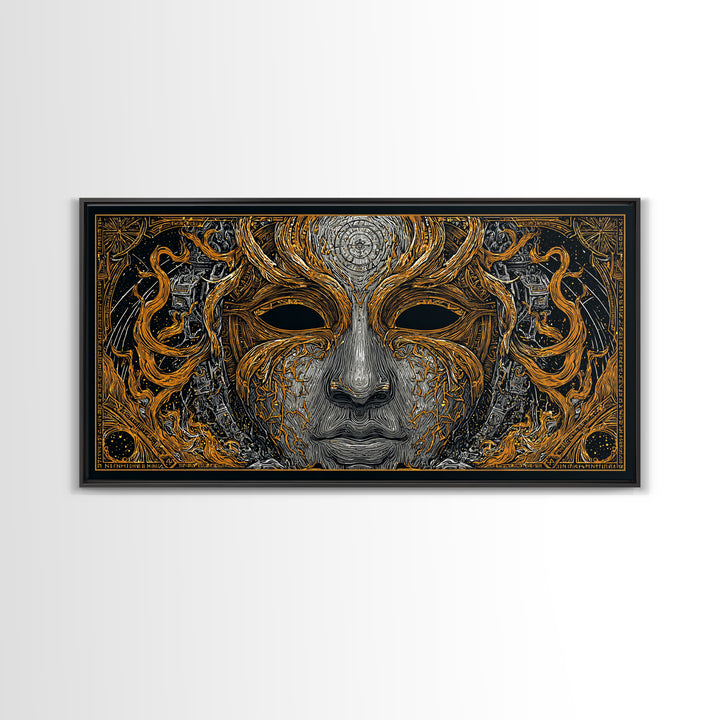 Odin’s Face Canvas Gold Art, Norse Mythology Inspired Canvas Art, Nordic Office Decor Framed in Natural Wood for Man Cave