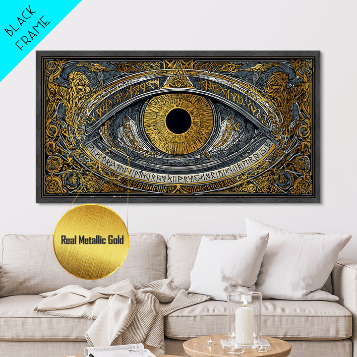 Odin’s Eye Metallic Gold Art Nordic Metal Art Norse Mythology Wall Decor framed in natural wood, Man Cave Gift, Office Art
