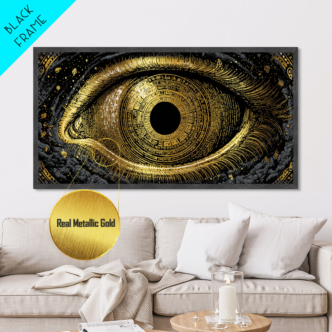 Mystic Rune Eye Metallic Gold Art Norse Metal Art Nordic Wall Hanging with real wood frame, Viking Decor, Dad Gift for Office