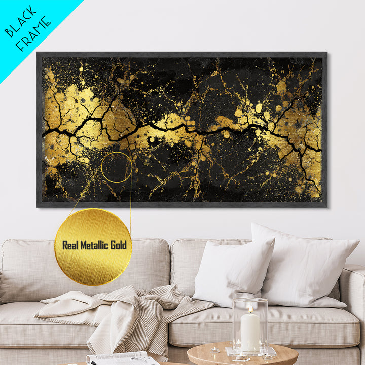 Cracked Stone Metallic Gold Art Nordic Metal Art Norse Abstract Wall Decor in real wood frame, Man Cave Gift, Office Accent