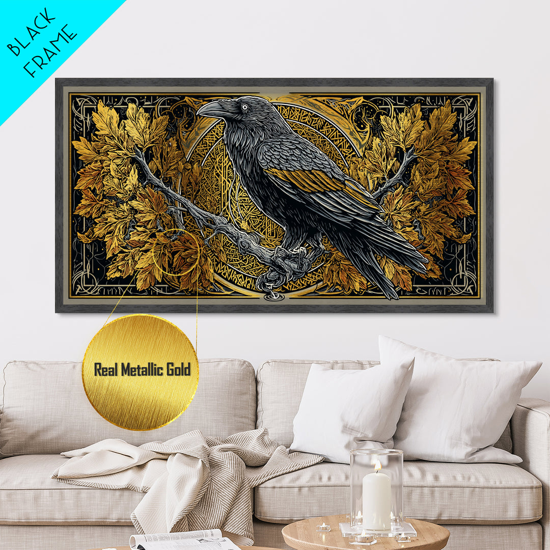 Norse Raven Perched Metallic Gold Art Metal Art with Runes and Autumn Leaves, Framed in Real Wood, Viking Office or Man Cave