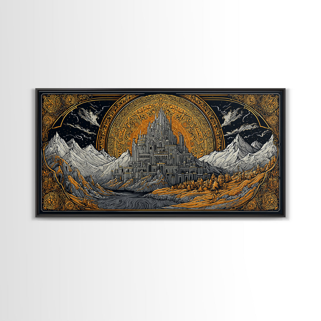 Asgard Fortress Canvas Gold Art Norse Mythology Canvas Art Nordic Wall Hanging framed in natural wood, Viking Decor Office
