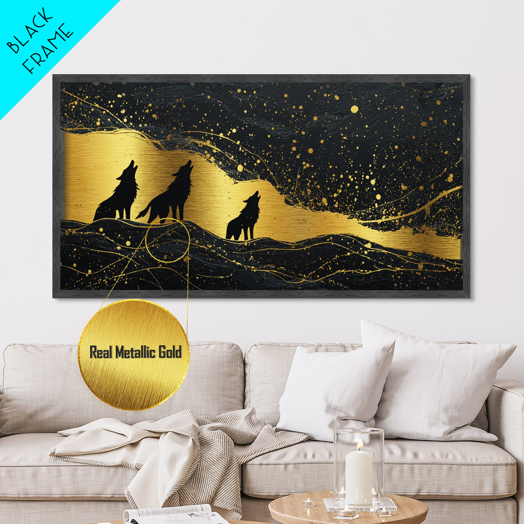 Howling Wolves Metallic Gold Art Norse Metal Art Nordic Mythology Wall Decor with real wood frame, Man Cave Accent, Office Art