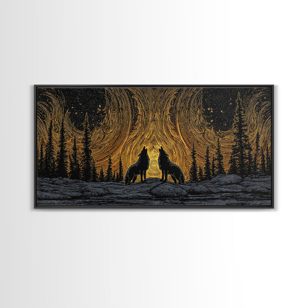 Fenrir Wolves Canvas Gold Art Norse Mythology Canvas Art Nordic Wall Hanging framed in wood, Dad Gift, Viking Decor for Office