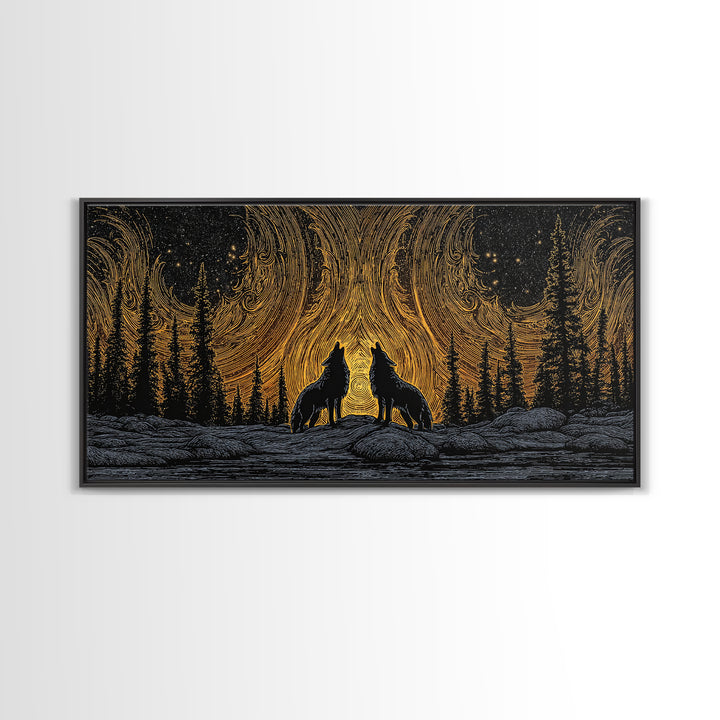 Fenrir Wolves Canvas Gold Art Norse Mythology Canvas Art Nordic Wall Hanging framed in wood, Dad Gift, Viking Decor for Office