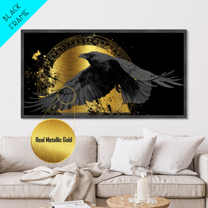 Raven of Odin Metallic Gold Art Norse Mythology Metal Art Nordic Wall Decor framed in real wood, Man Cave Viking Office Gift