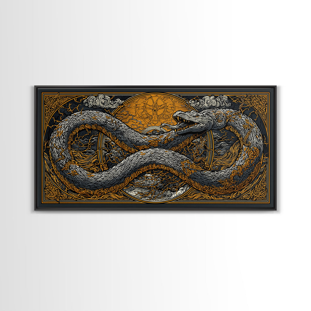 Midgard Serpent Canvas Gold Art Norse Mythology Canvas Art Nordic Wall Hanging framed in natural wood, Office Accent, Dad Gift