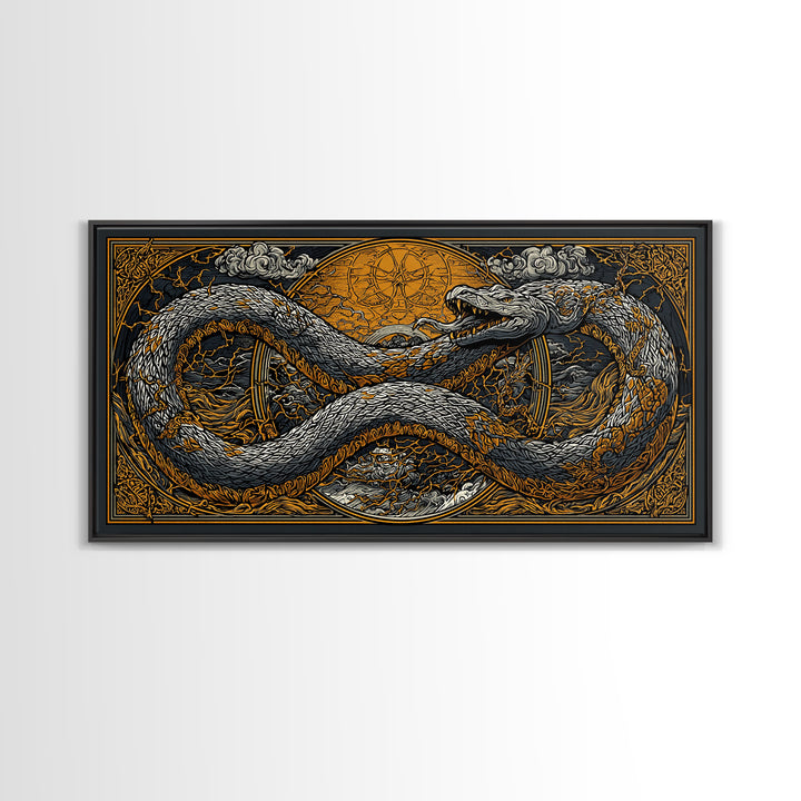 Midgard Serpent Canvas Gold Art Norse Mythology Canvas Art Nordic Wall Hanging framed in natural wood, Office Accent, Dad Gift