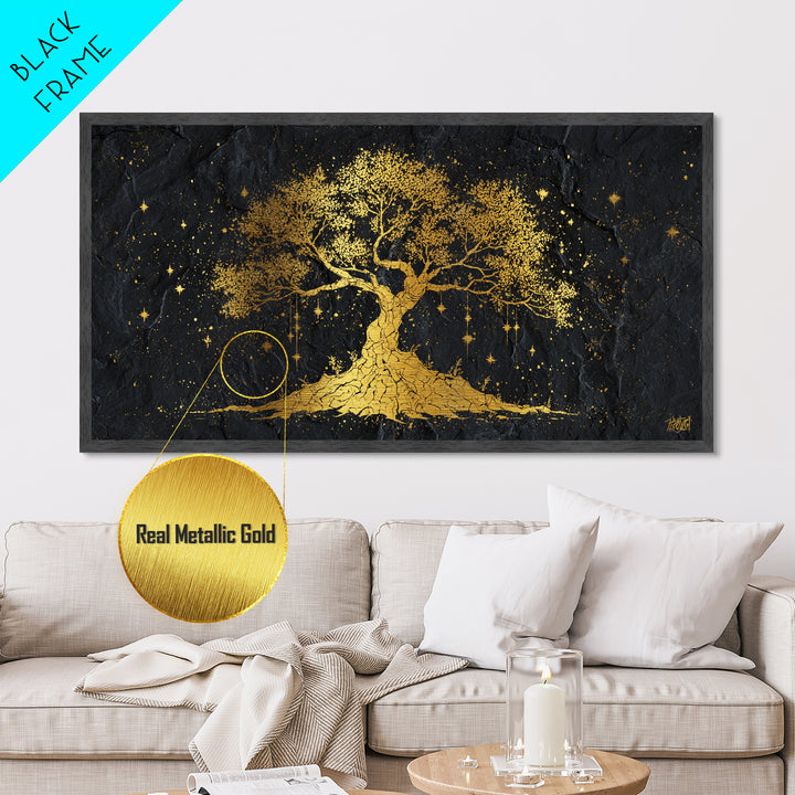 Yggdrasil Metallic Gold Art Metal Art Norse Tree of Life Nordic Mythology Wall Decor Dad Gift Office Art framed with real wood