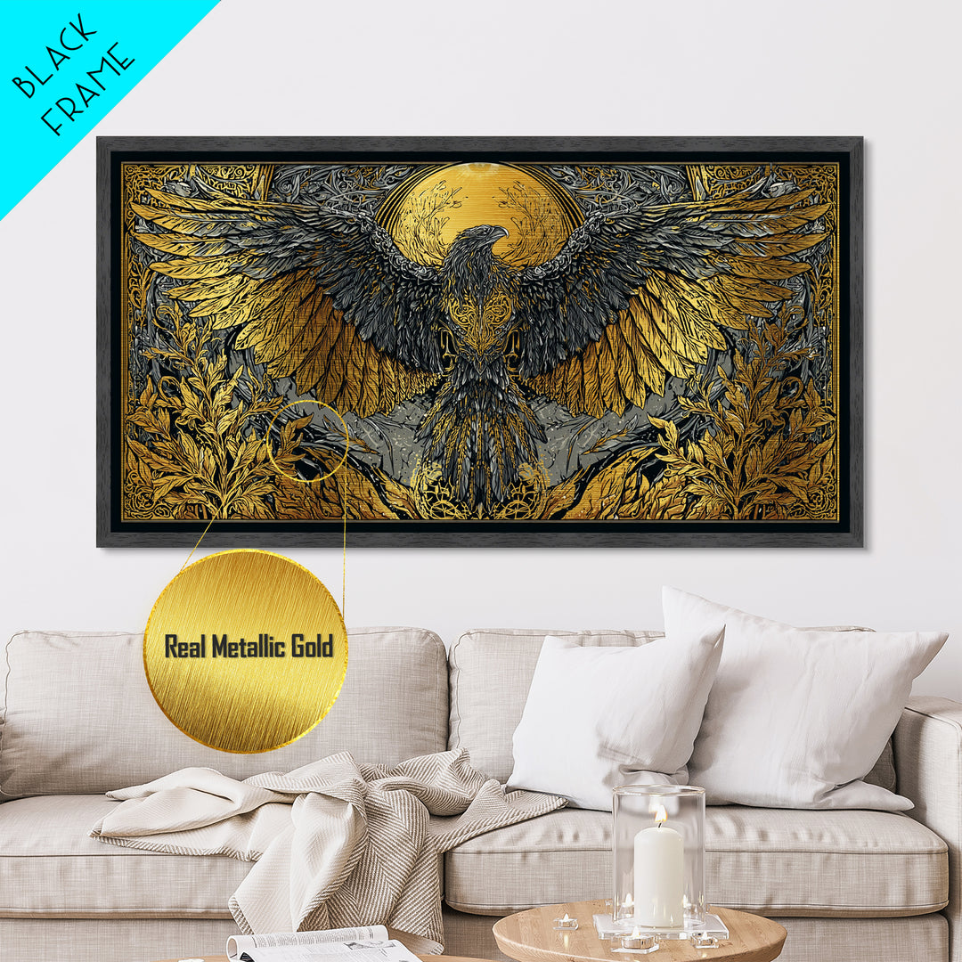 Valkyrie Eagle Metallic Gold Art Metal Art Norse Wall Hanging with Spreading Wings, Natural Wood Frame, Nordic Mythology Gift