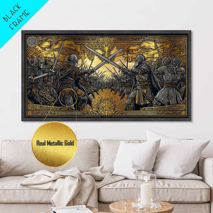 Viking Battle Metallic Gold Art Metal Art Norse Warriors Mythology Wall Decor Office Art Man Cave Gift framed in natural wood